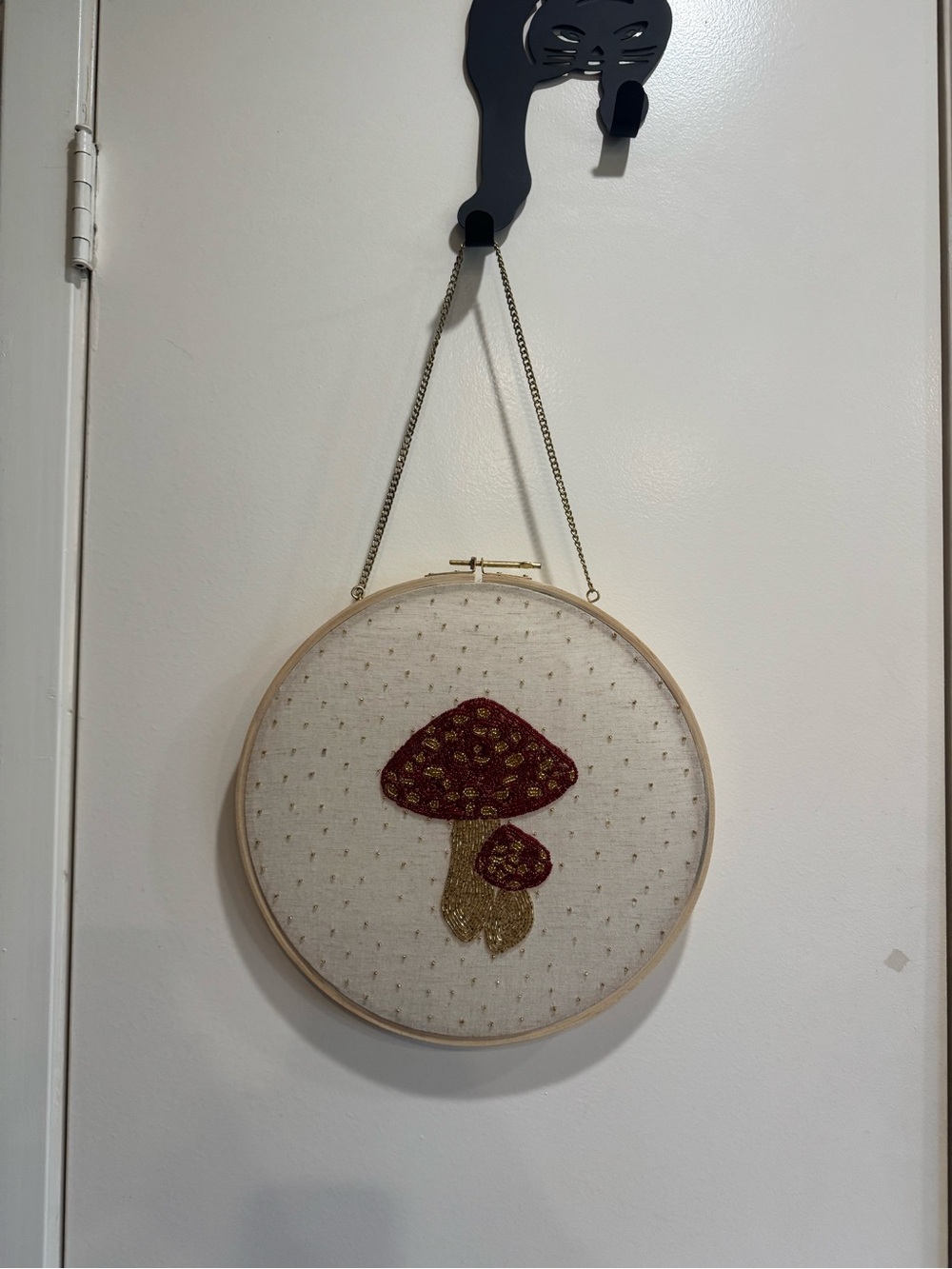 Hand-Embroidered Red and Gold Mushroom Hoop Wall Decor